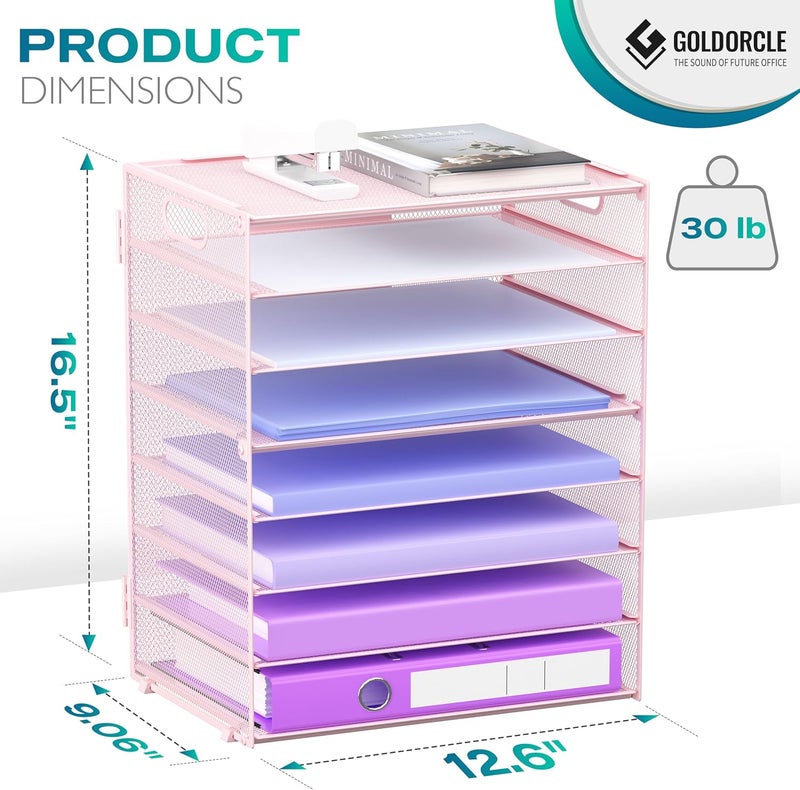 GoldOrcle 8 Tier Paper Letter Tray Organizer with Handles, Mesh Desk File Holder Storage Organization for Home School Classroom & Office (Pink) - Image 2